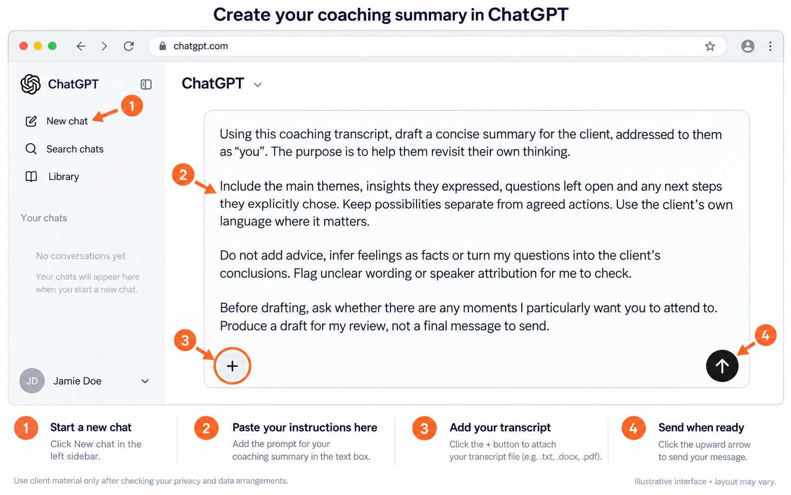 Illustrative ChatGPT interface: start a new chat, paste the summary prompt above, attach your transcript using the highlighted plus button, then send when ready.